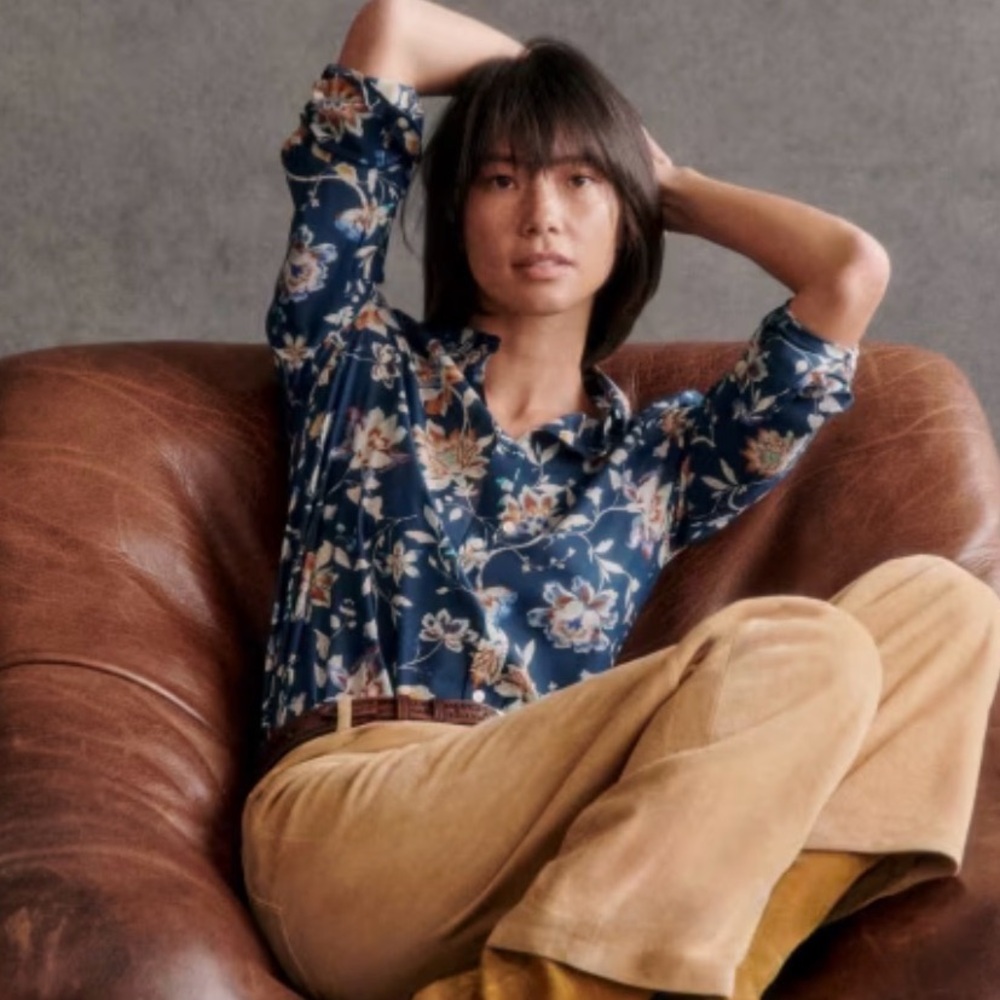 Sezane Pierro Shirt Navy Bloom - Size 14 - Picture 2 of 6